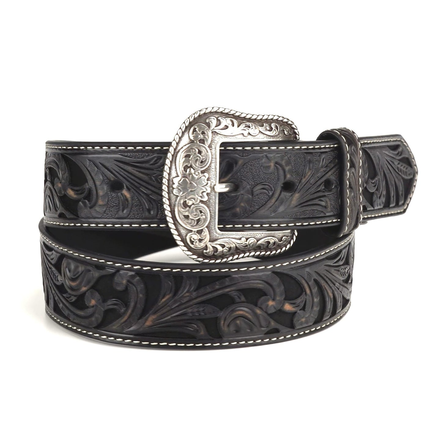 ARIAT Women's Western Floral Embossed Leather Belt, Black, Small