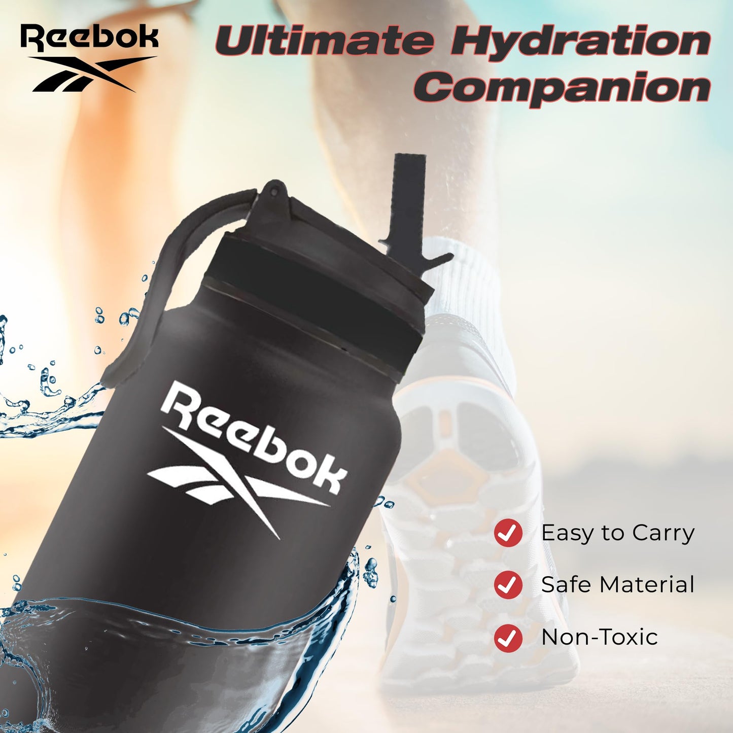 Reebok Stainless Steel Water Bottle With Lifestyle Design - Insulated Water Bottle 32 oz With Straw - Double Wall Vacuum Insulated Sports Water