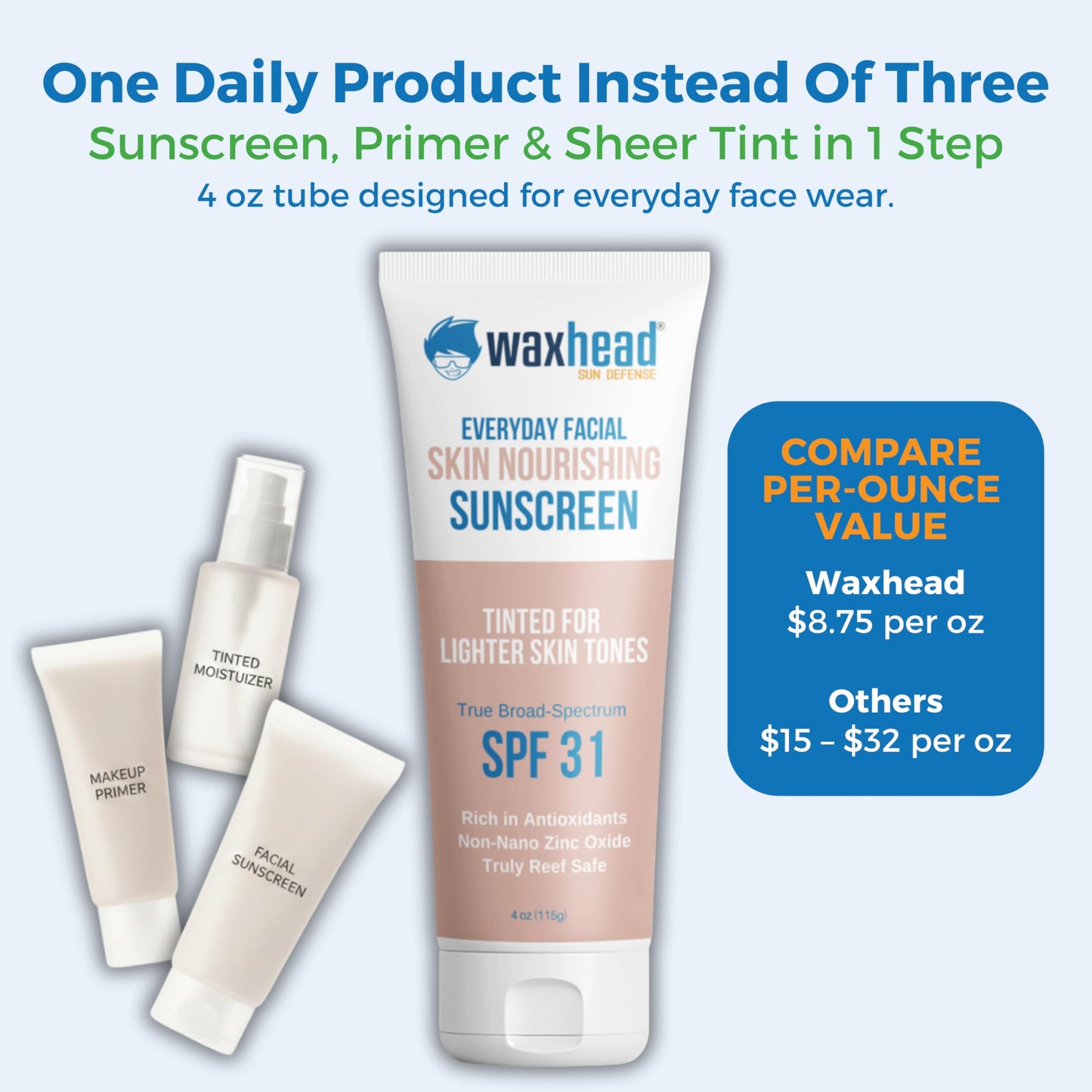 Waxhead Tinted Mineral Face Sunscreen SPF 31, 25% Non-Nano Zinc Oxide, Fragrance-Free, Non-Comedogenic, Tinted Moisturizer & Makeup Primer for Daily