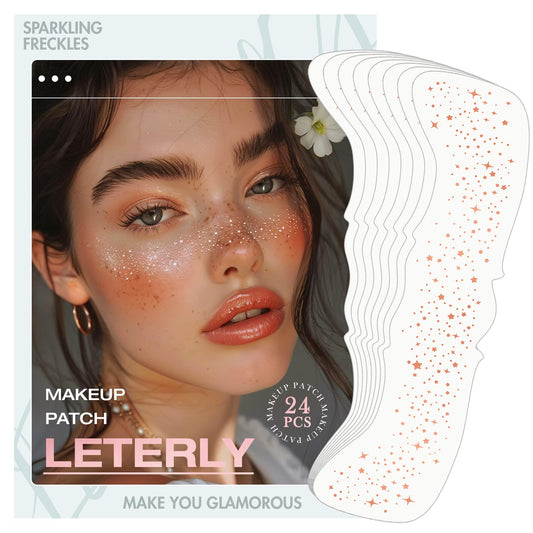 Leterly 24 Pcs Glitter Freckles Face Tattoo,Rose Gold Face Glitter Makeup Patches Cute Sparkle Freckles Patches Waterproof Makeup Speckles for Face