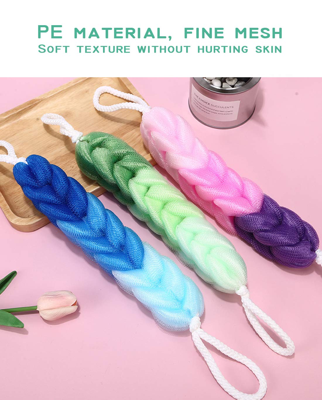 AARainbow 4 Packs Long Stretch Back Sponge with Rope Handles Back Scrubber Body Sponges for Bathing, Bath Shower Mesh Sponge Body Deep Cleaning