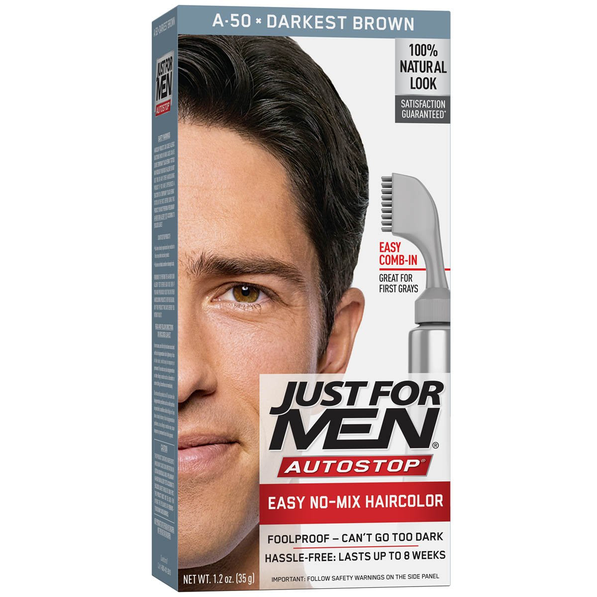 Just For Men Easy Comb-In Color Mens Hair Dye, Easy No Mix Application with Comb Applicator - Darkest Brown, A-50, Pack of 1