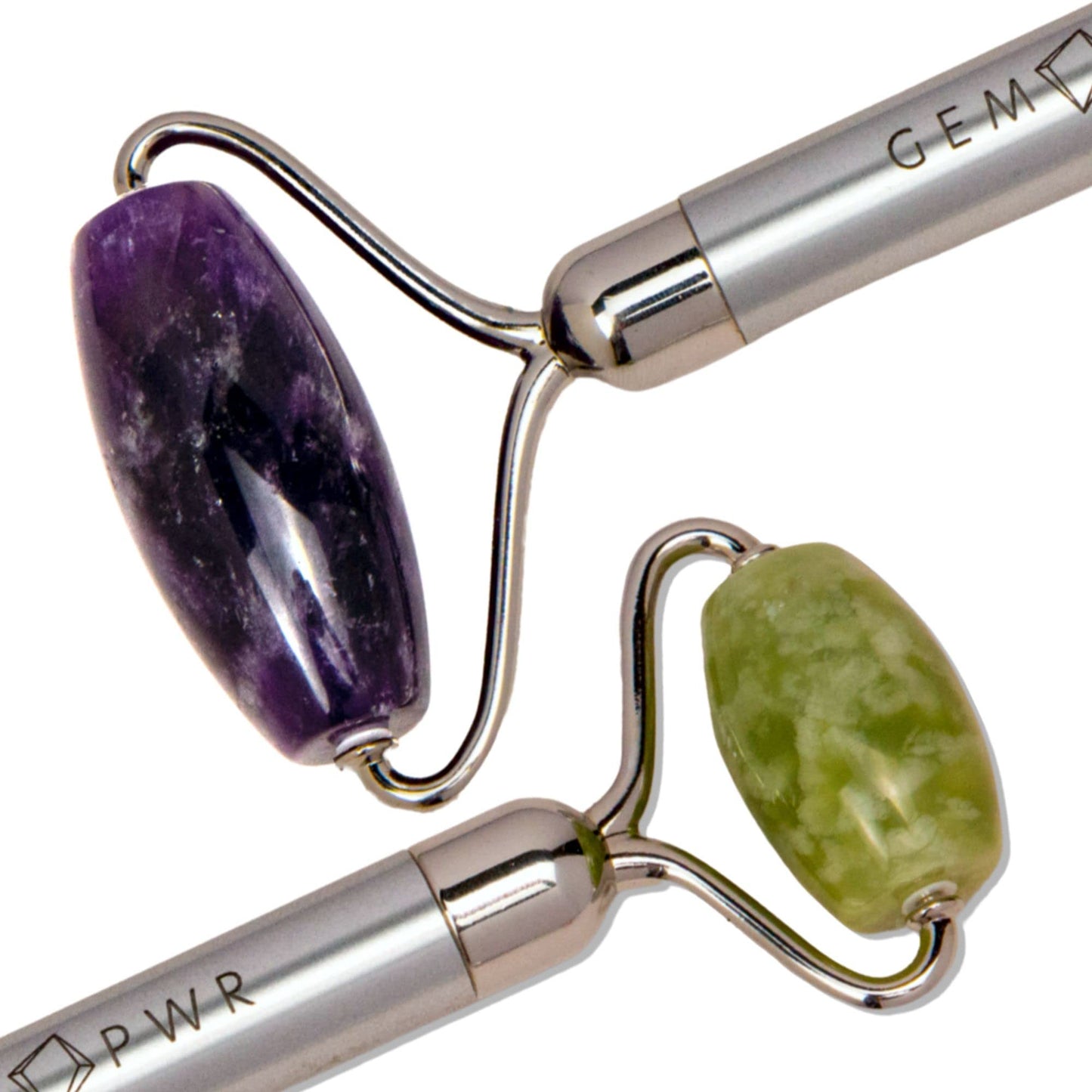 GEM PWR Amethyst + Jade Roller for Face and Neck Massage, Dual Gemstones with Durable Steel Handle and Travel Bag. Minimize Wrinkles, Reduce Puffiness