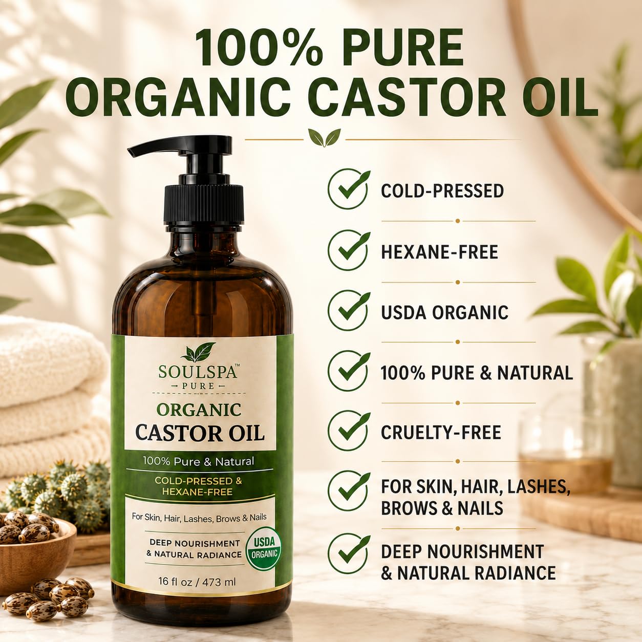 SOULSPA PURE Organic Castor Oil for Hair, Scalp, Skin, Face & Eyelashes | USDA Certified | 100% Pure Castor Oil Organic Cold Pressed Unrefined Glass Beauty and Personal Care SOULSPA PURE