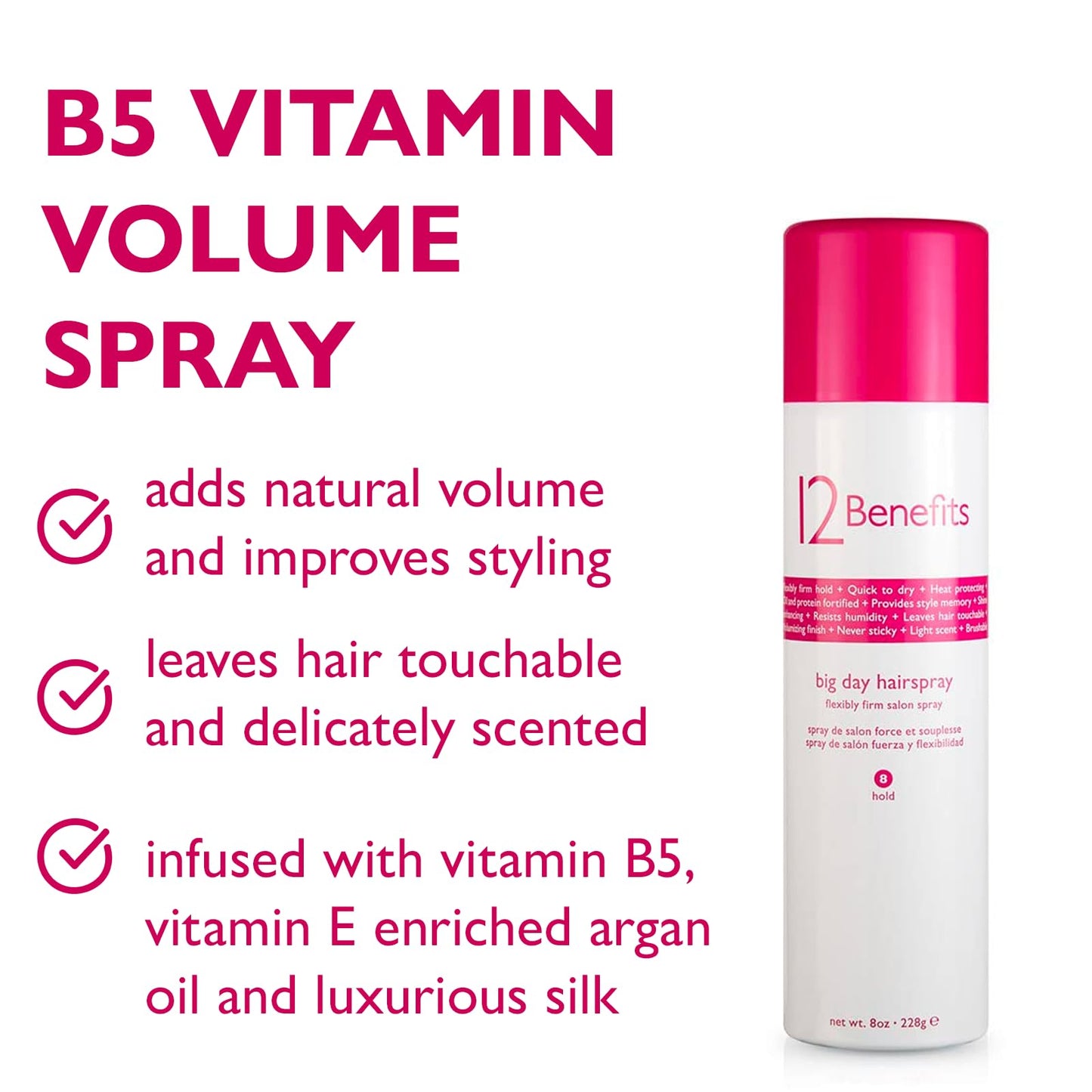 12 Benefits Big Day Hairspray - Long-lasting Hair Care Volume Spray w/Argan Oil, Vitamin B5, Silk Protein + Salon Product, Heat Protectant, Humidity