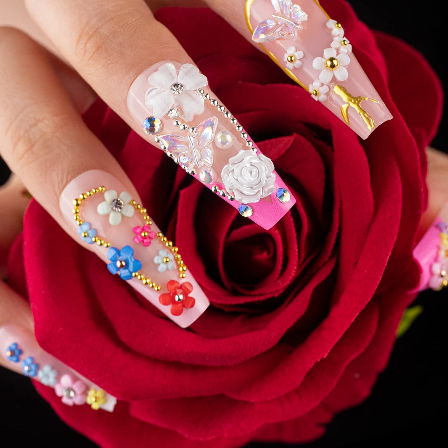 Mixed 3D Nail Art Gem Decoration Accessories Kit #1, Aurora Bear Bow Butterfly Starry AB Rhinestone Charm Jewelry for Deco, Pearl Flower Caviar Bead
