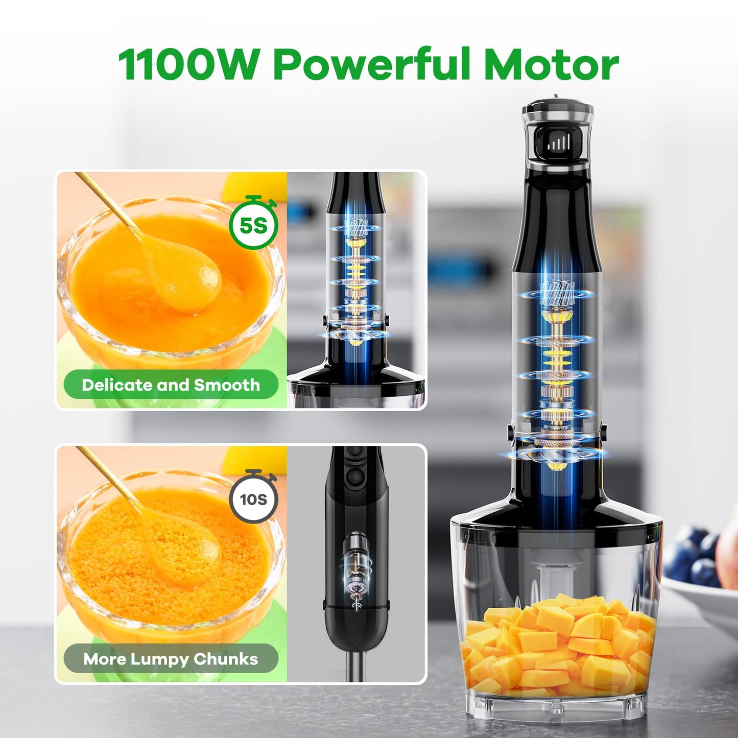 5-in-1 Immersion Hand Blender Set – 1100W Corded Stick Blender with Variable Speed, Chopper, Whisk & Frother for Soup, Smoothies & Baby Food