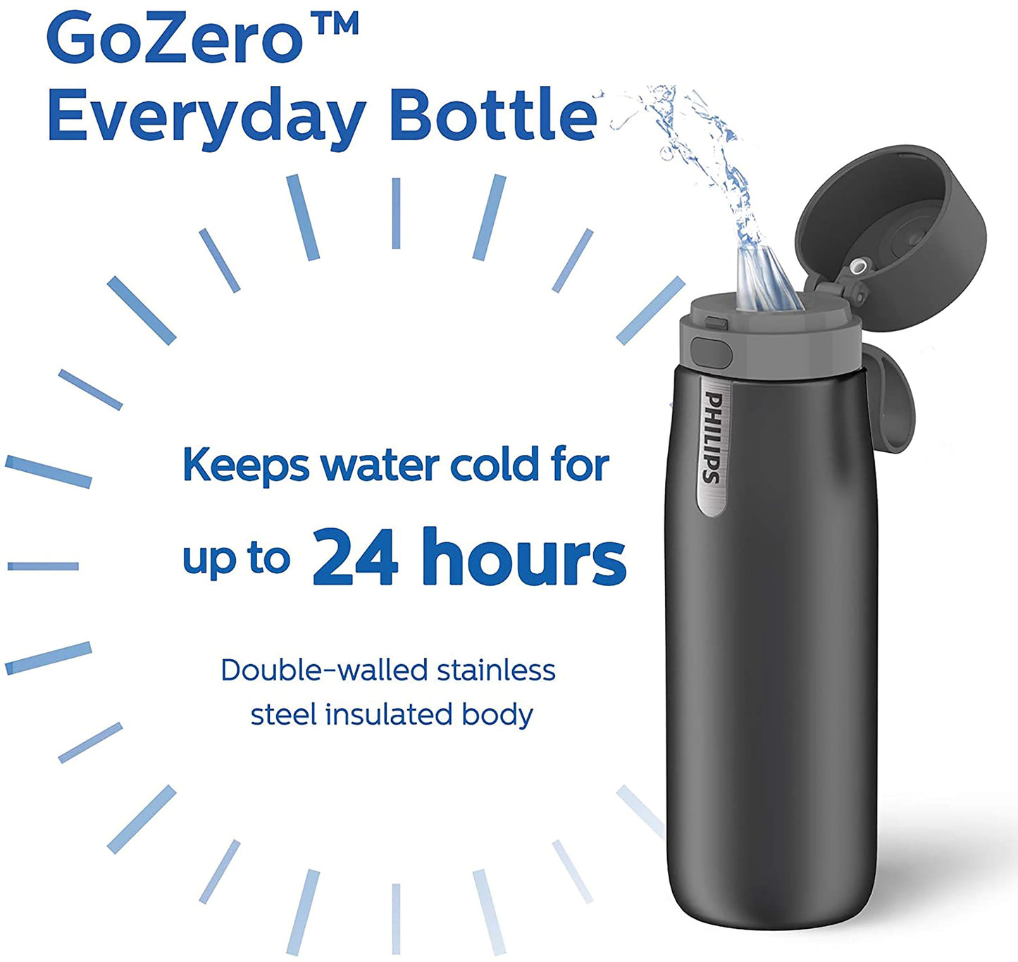 PHILIPS Water Bottle with Filter, Filter Water Bottle Stainless Steel with GoZero Everyday BPA-Free Tap Water Filter, Water Filter Bottle Keep Drink