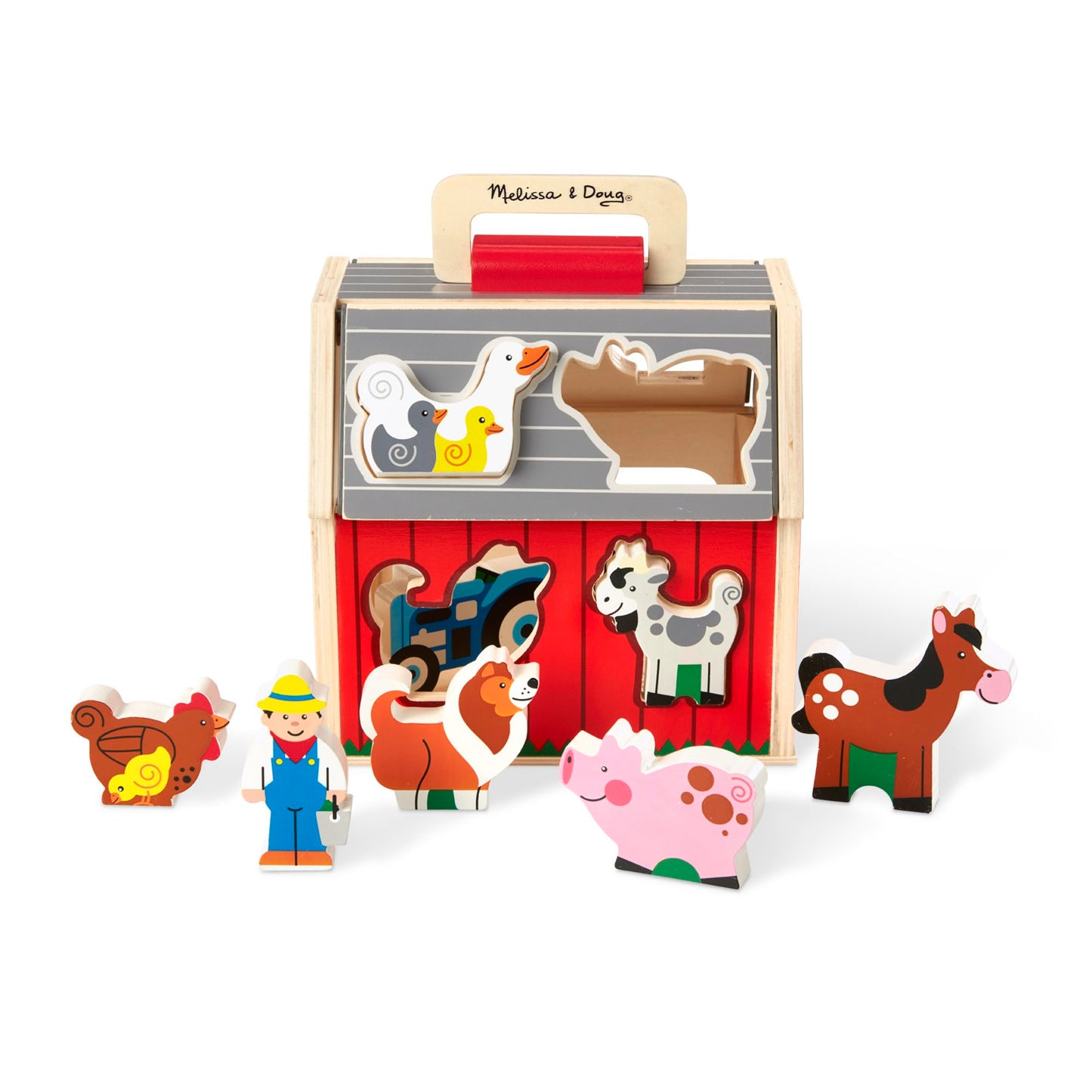 Melissa & Doug Wooden Take-Along Sorting Barn – Shape Sorting Farm Toy with 10 Wooden Pieces, Educational Learning Toy for Toddlers Ages 2+