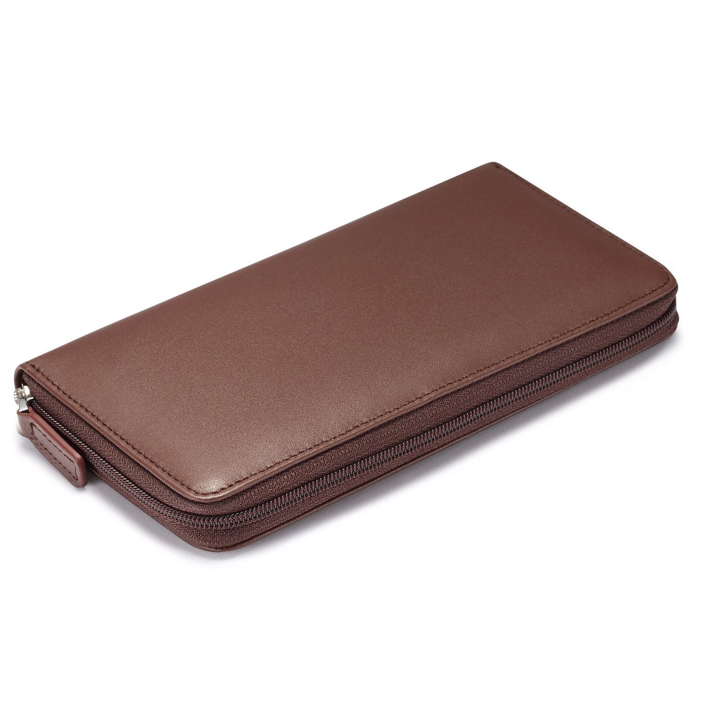 HISCOW Zippered Checkbook Cover & Card Holder with Divider - Italian Calfskin (Brown)