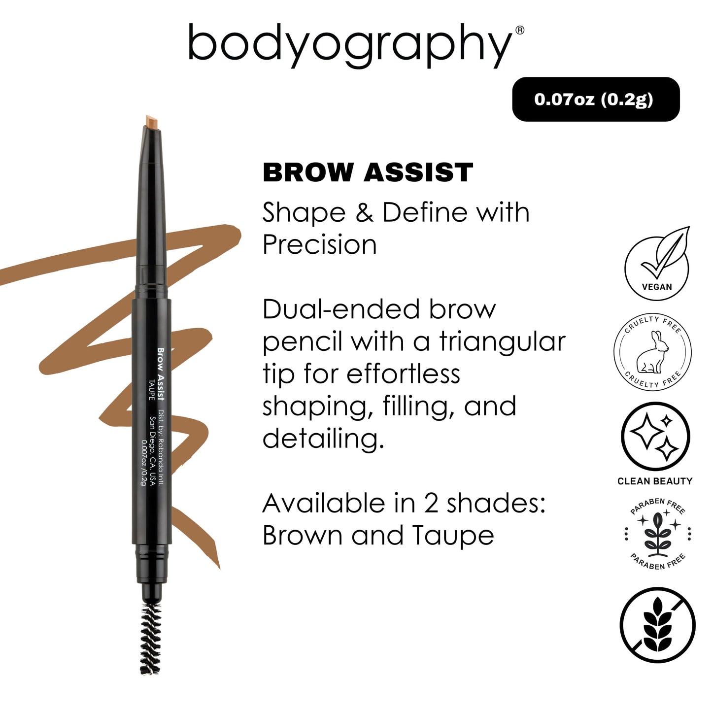 Bodyography Brow Assist - Taupe | Triangular Tip Eyebrow Pencil for Women with Built-In Spoolie | Defines, Fills & Shapes Brows | Mineral-Based