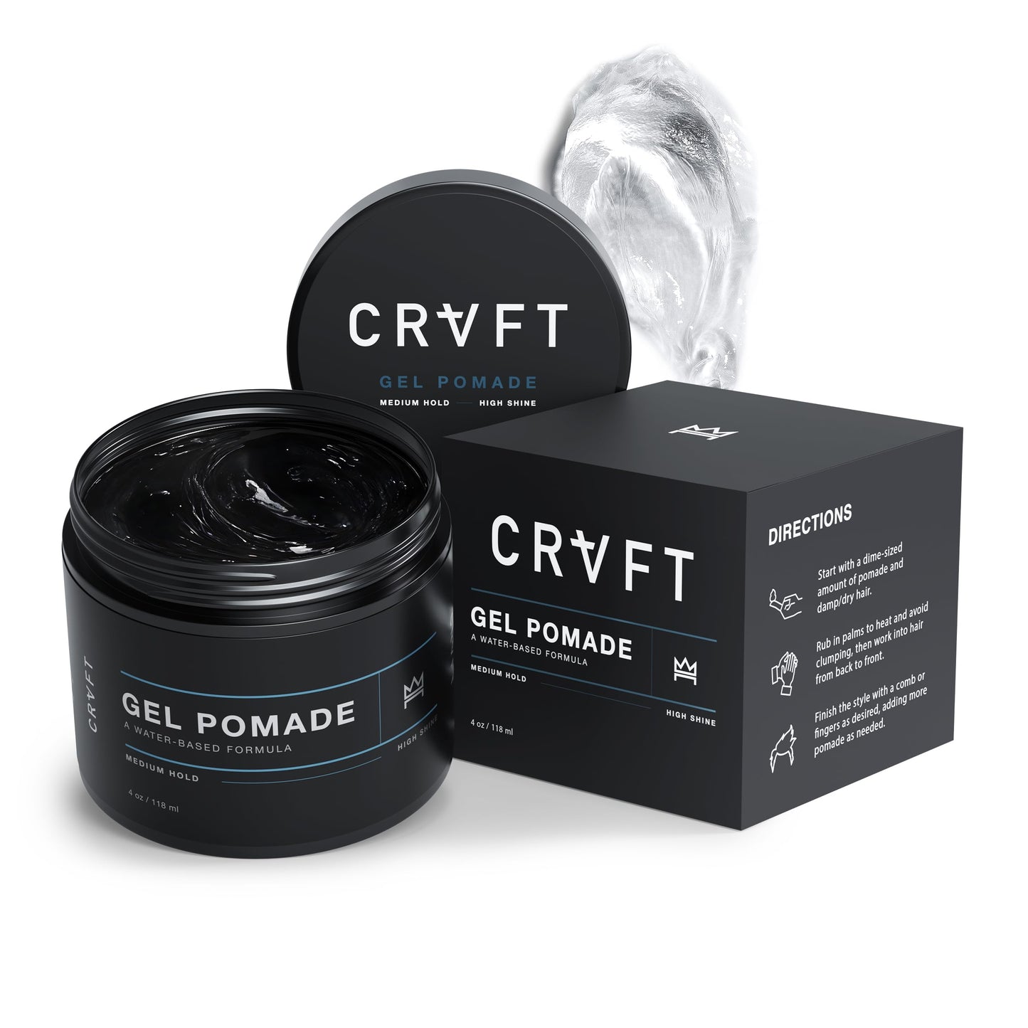 CRVFT Gel Pomade 4oz | High Shine/Medium Hold | Water Based/Water Soluble | Ideal For Short/Medium Thin/Thick Hair | For A Clean Cut Look | Men’s