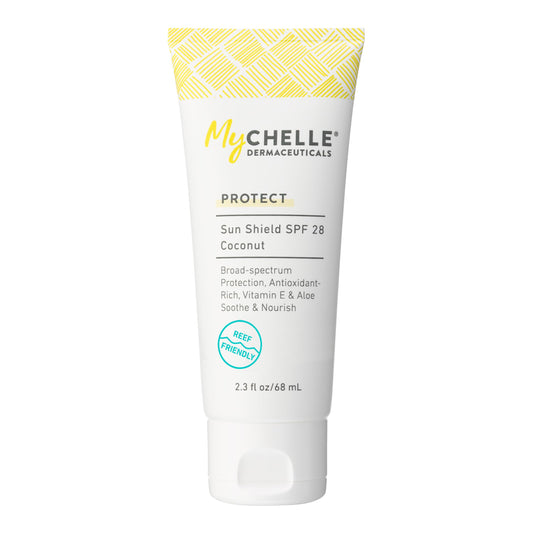 MyCHELLE Dermaceuticals Sun Shield SPF 28 Coconut (2.3 Fl Oz) - Soothing Reef Safe Sunscreen with Vitamin E and Aloe - Travel Size Zinc Sunscreen