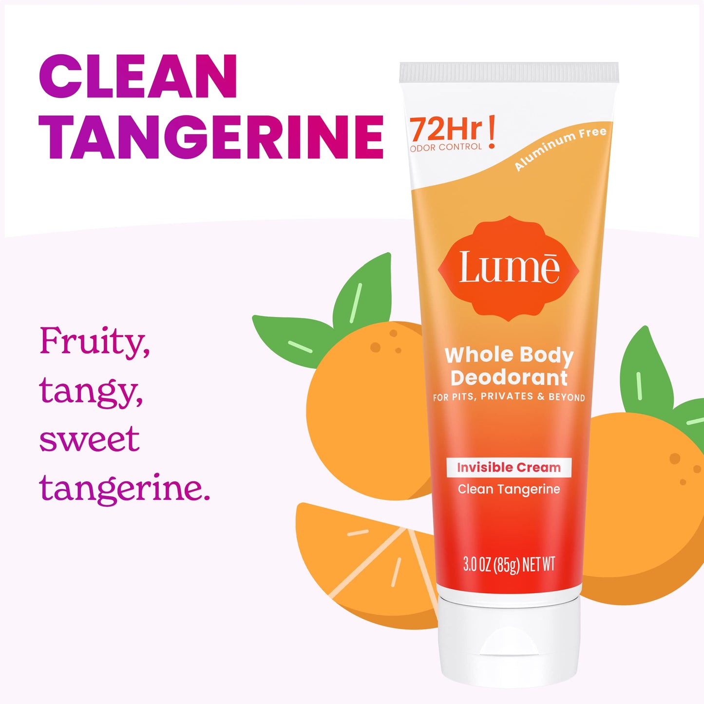 Lume Whole Body Deodorant - Invisible Cream Tube - 72 Hour Odor Control - Aluminum Free, Baking Soda Free, Skin Safe - 3.0 ounce (Clean Tangerine) Beauty and Personal Care Lume
