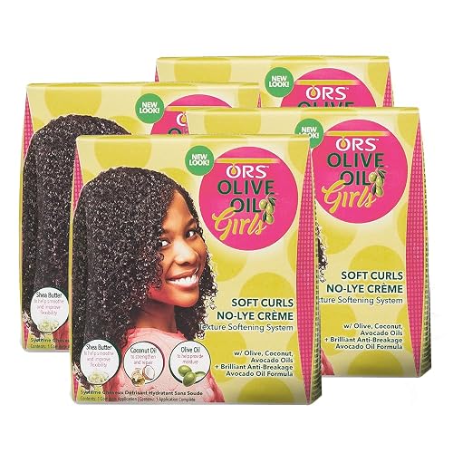 ORS Olive Oil Girls Soft Curls No-Lye Creme Texture Softening System Kit with Olive, Coconut & Avocado Oils (Pack of 4)