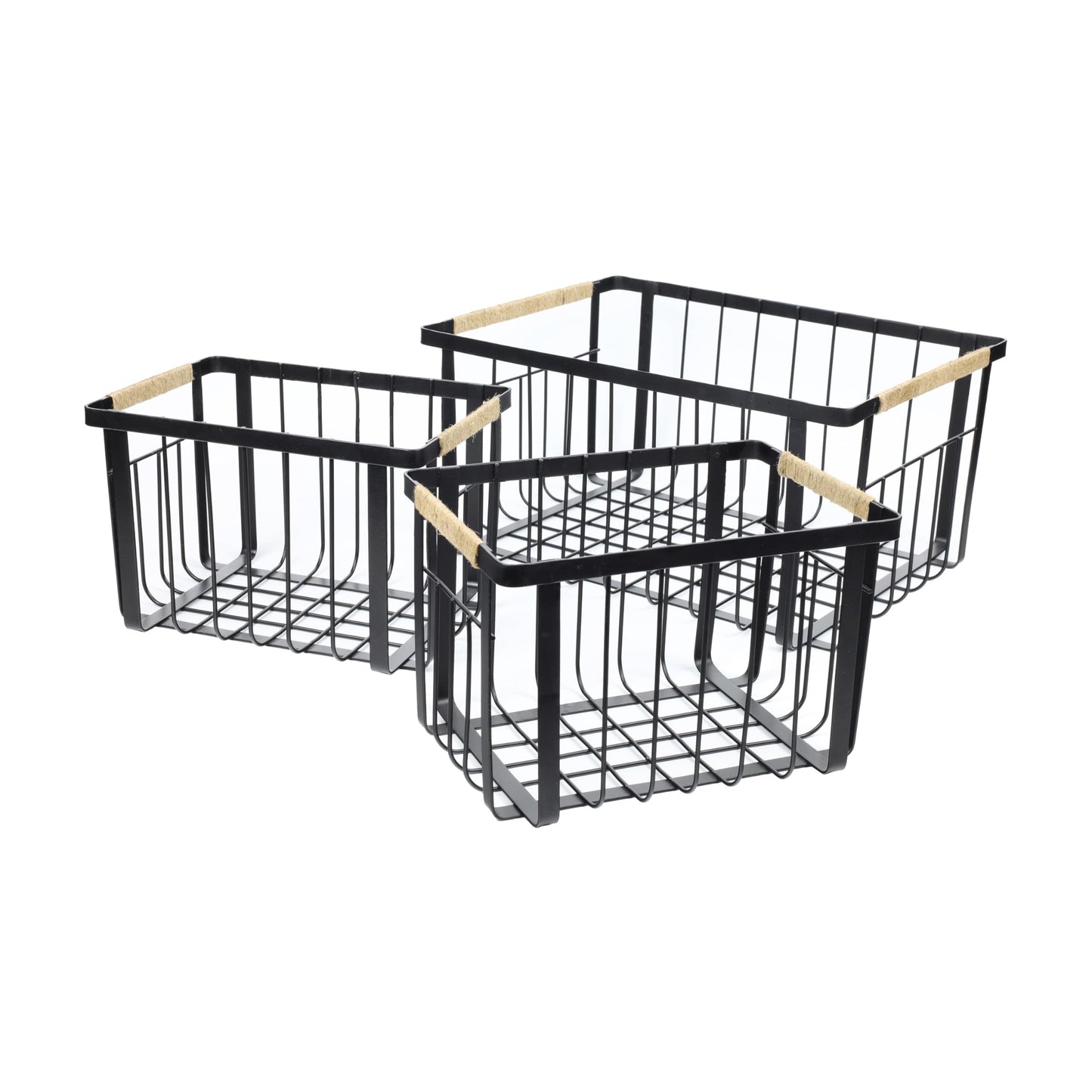 happimess BSK3003A-3SET Henley Vintage Farmhouse Wire Metal Nesting Storage Baskets with Jute Wrapped Handles for Shelves, Cabinets, Pantry…