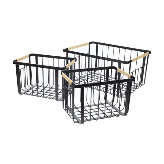 happimess BSK3003A-3SET Henley Vintage Farmhouse Wire Metal Nesting Storage Baskets with Jute Wrapped Handles for Shelves, Cabinets, Pantry…