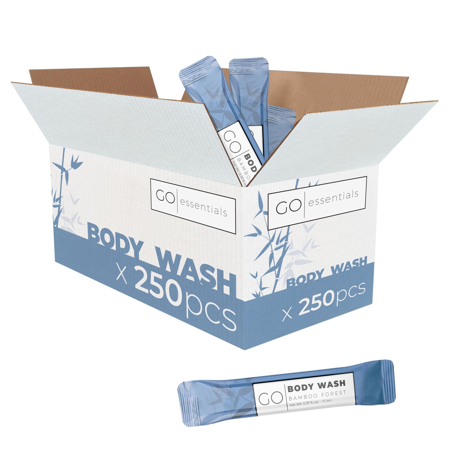 GO Essentials Travel Size Single Use Body Wash Packets - TSA Friendly, Bulk Supplies for Airbnb Essentials, Shelters & Hotels (250 Packets)