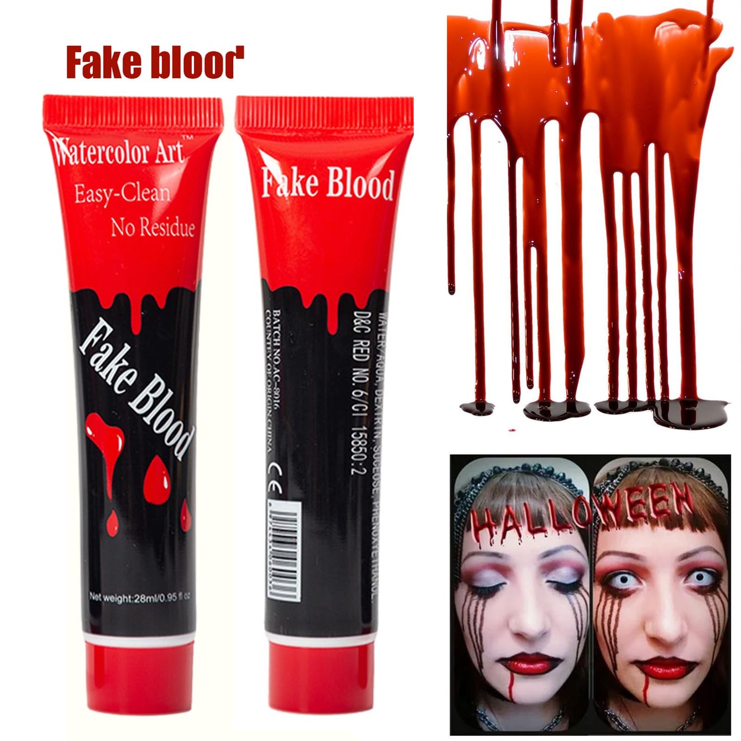 Halloween Fake Blood Washable, Halloween Blood Splatter Realistic Effect Sticky Blood for Clothes, Zombie Bride, Clown, Vampire and Monster, Halloween