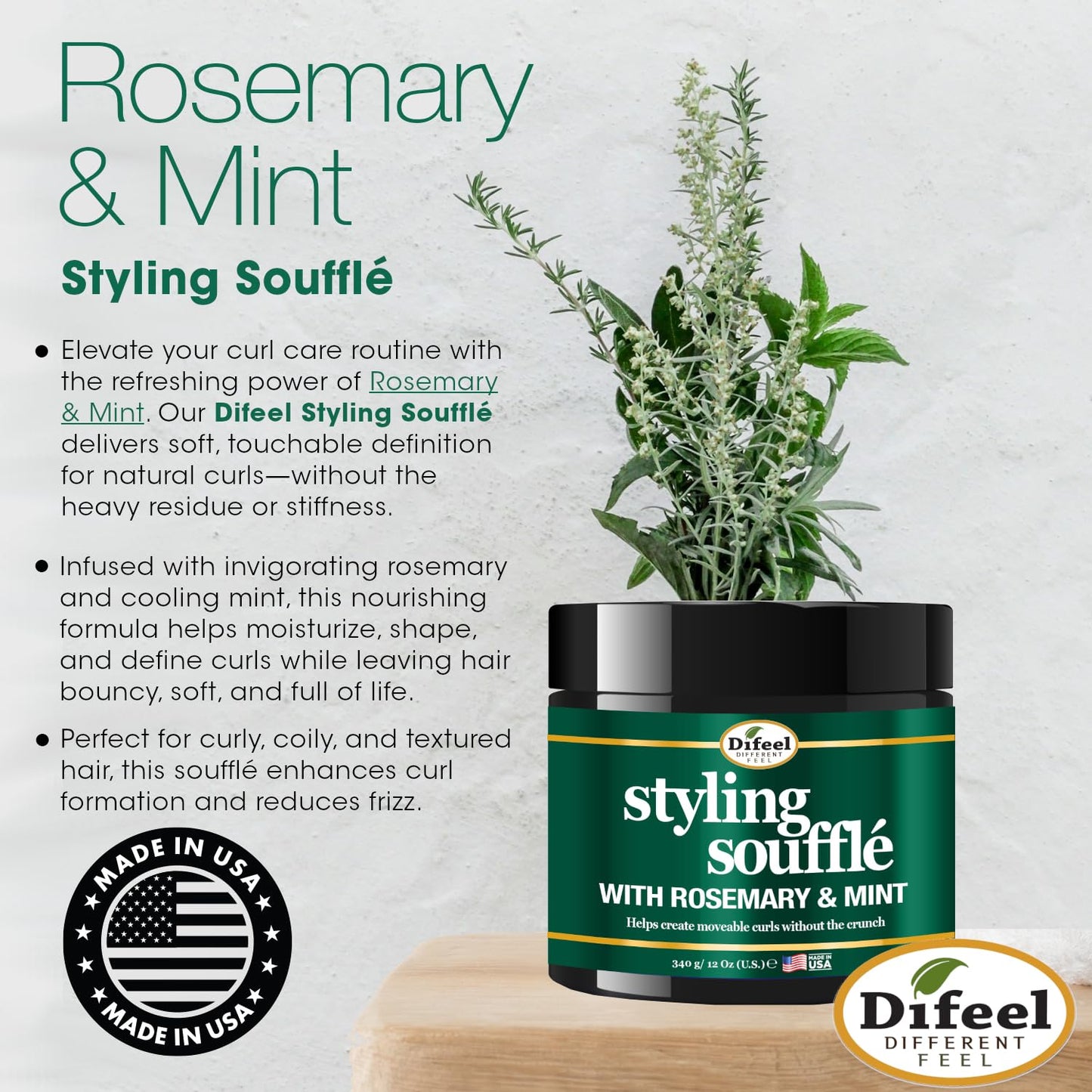 Difeel Rosemary & Mint Styling Soufflé 12 oz. - Nourishing Curl Defining Souffle for Wavy Hair, Curly Hair & Coils
