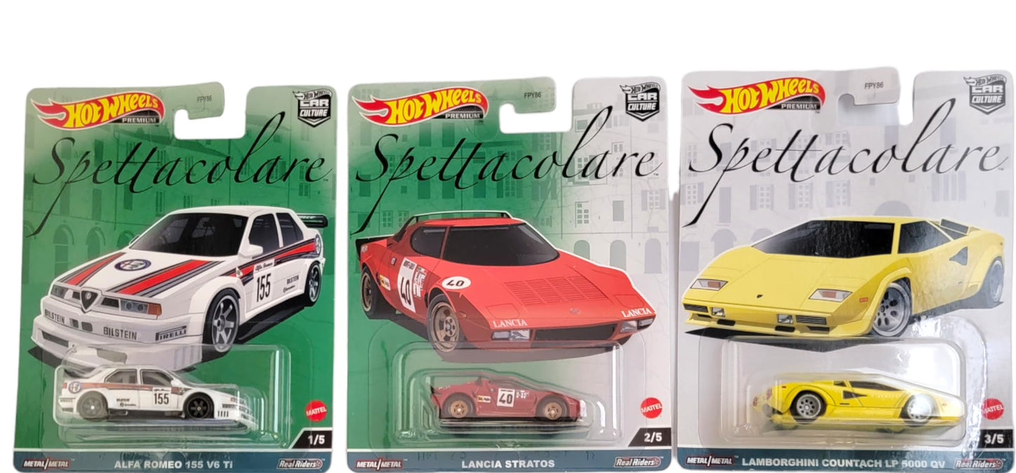 Hot Wheels Car Culture 2023 Spettacolare Series - Bundled Complete 5‑Pack (FPY86‑959B) | Alfa Romeo Giulia GTA, 155 V6 Ti, Lancia Stratos, Countach…