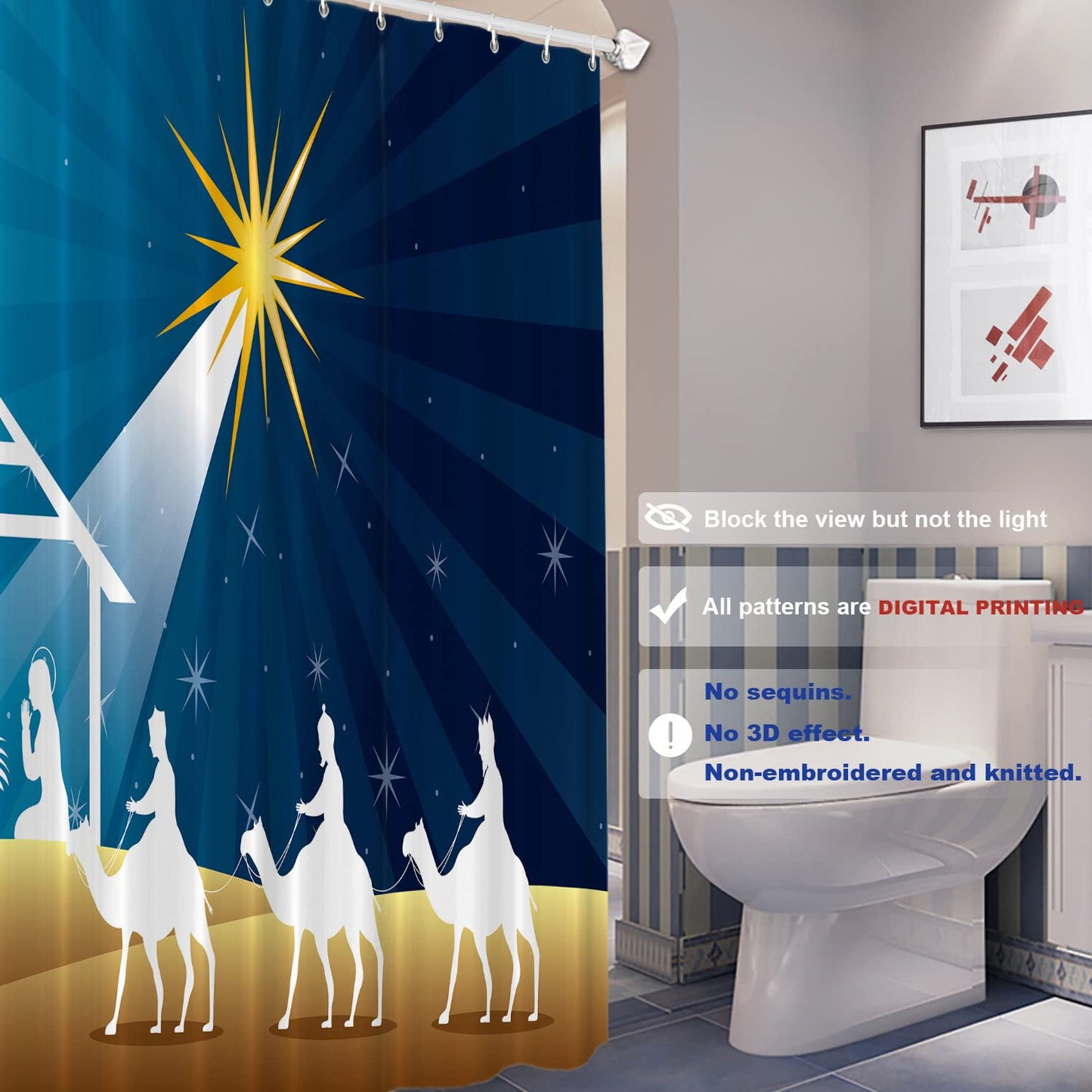 Batmerry Night Christmas Star Decorative Shower Curtain - Bethlehem Scene With Wise Men, Bible Theme - Long Wide Waterproof Washable for Bathroom