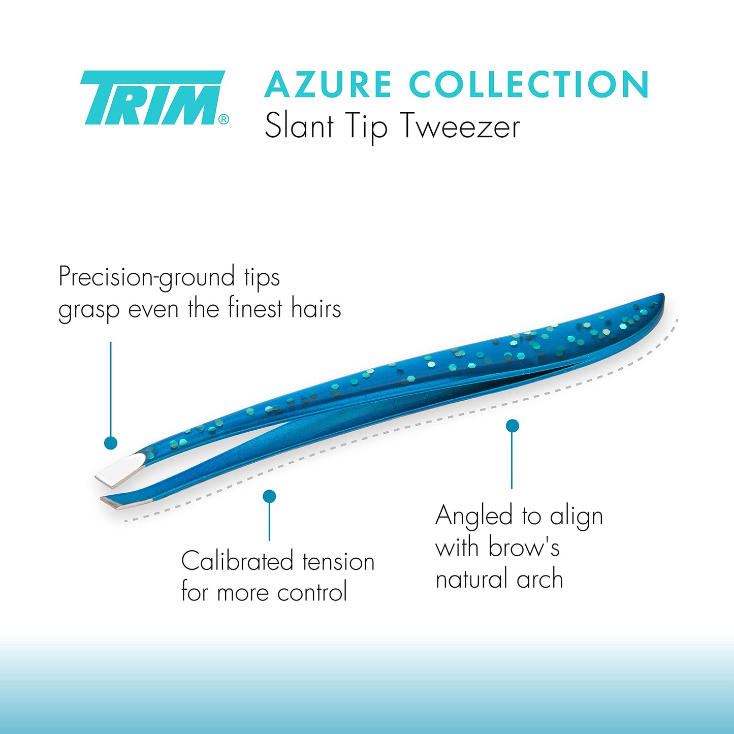 TRIM Azure Collection Slant Tip Tweezer - Precision-Ground Tips Grasp Even The Finest Hairs - Angled to Align with The Brow's Natural Arch