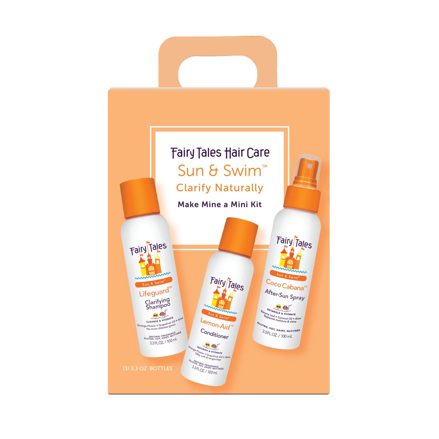 Fairy Tales Sun & Swim Travel Pack for Kids - 3.3oz Shampoo, Conditioner & Leave-In Spray Trio - TSA-Friendly Pool & Beach Vacation Set - Citrus Scent
