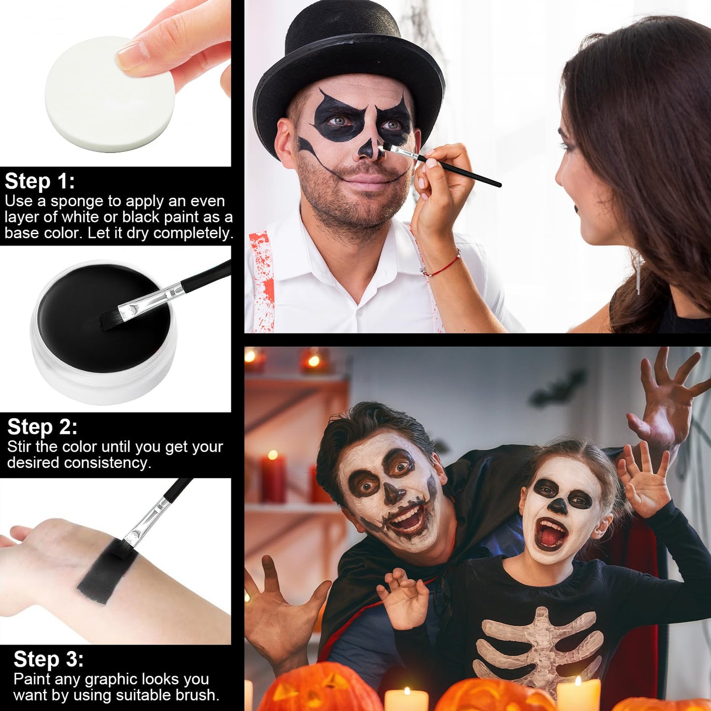 Black & White Face Paint Set (2.47 oz Each) - Professional High Pigment Oil-Based Makeup Kit for Halloween SFX, Clown, Joker, Skeleton Cosplay - Body