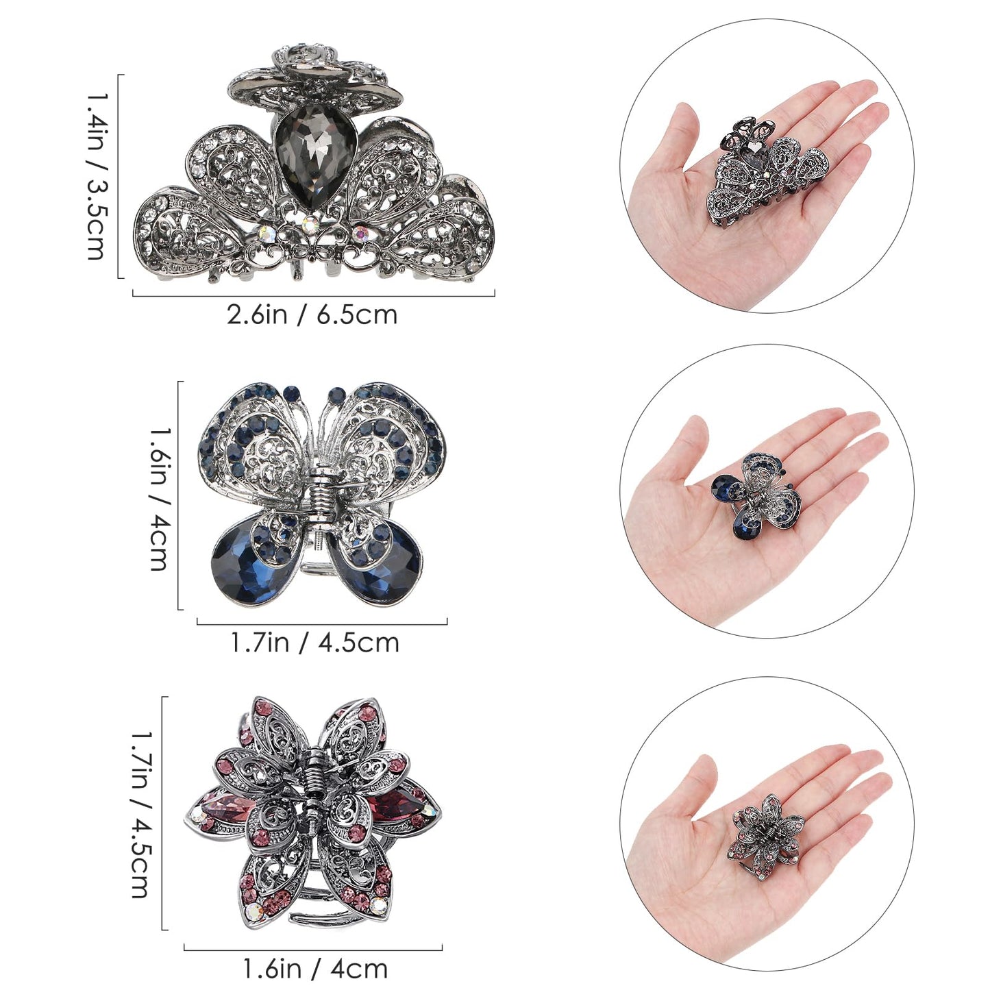 kilofly 3pc Vintage Crystal Hair Claw Clips Long Thick Hair Metal Clamps