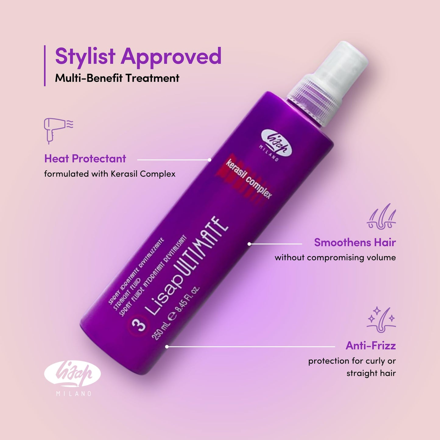 Lisap Heat Protectant for Hair, Ultimate Straight Fluid Hair Spray, Anti Frizz Hair Products, Thermal Protection Hydrating, Strengthening