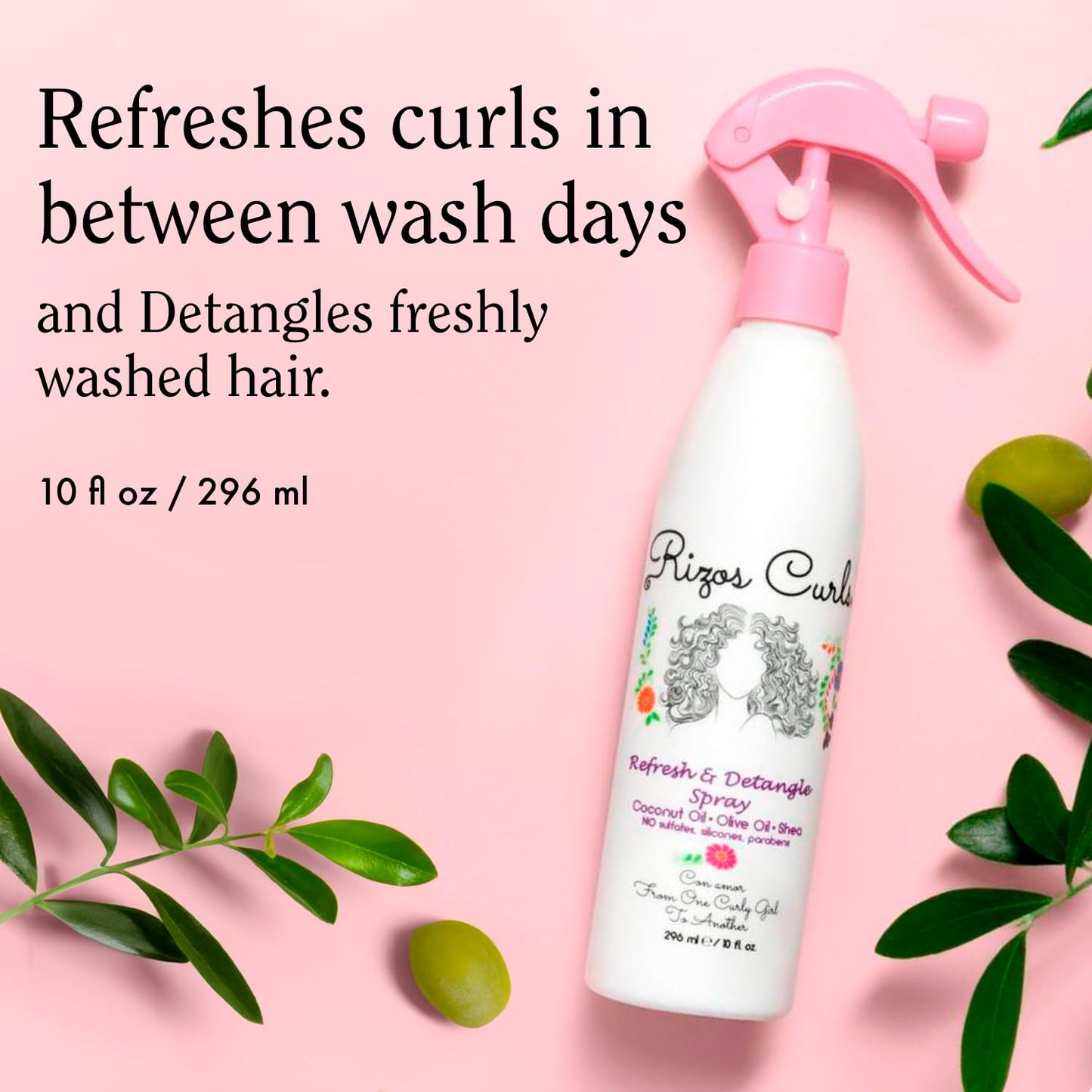 Rizos Curls Refresh & Detangle Spray - Detangling & Curl Leave-In with Coconut Oil - Nourishes, Hydrates & Controls Frizz for Every Curl Pattern