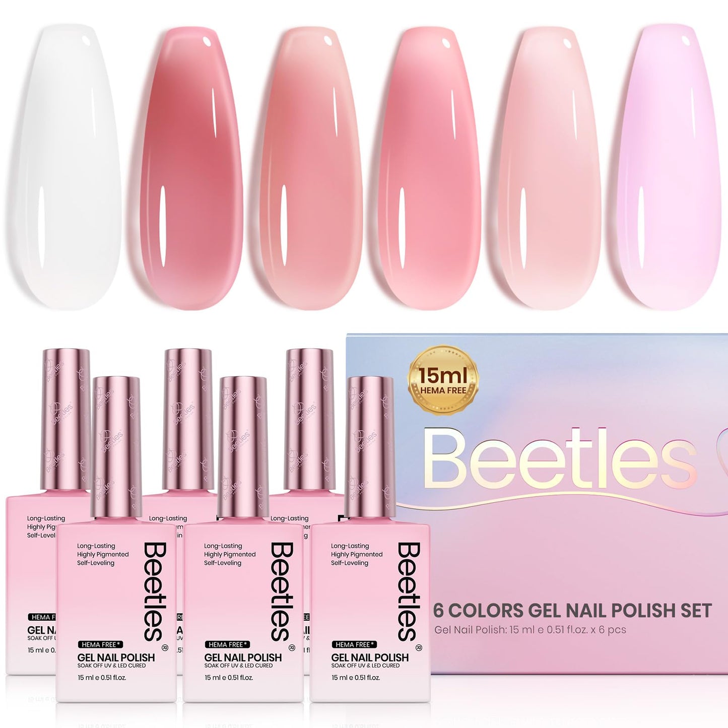 Beetles Nude Gel Polish Set - 6 Colors HEMA-Free Summer 15ML Full Size Jelly Gel Polish Neutral Nude Pink Milky White Sheer Translucent Effect Full Beauty and Personal Care beetles Gel Polish Default Title