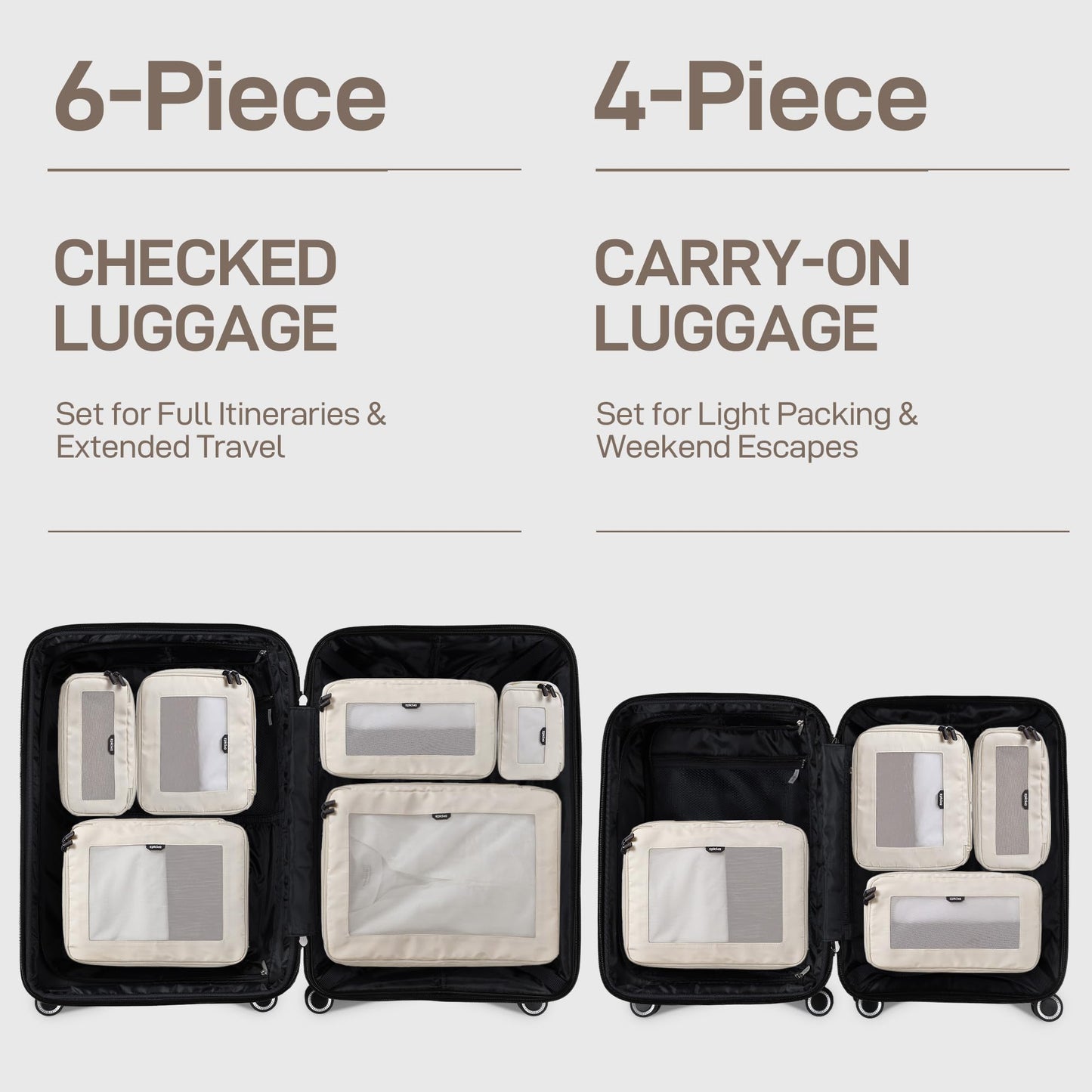 EPICKA TripCozy Compression Packing Cubes – 4 Set Expandable Travel Organizer Bags with Mesh Top for Suitcase, Carry-On & Backpack (Beige)