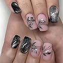 BABALAL Coffin Press on Nails Long Fake Nails Glossy Black French Glue on Nails Goth Ballerina Acrylic Nails 3d Metallic Cross Charm Designs 24pcs