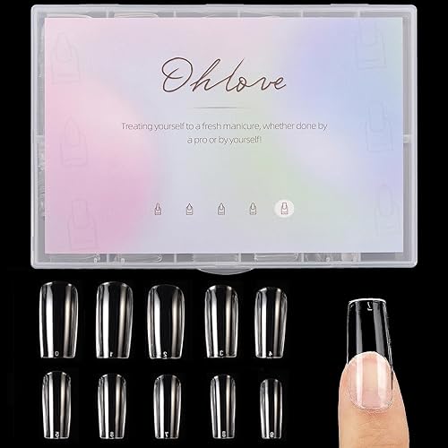 500Pcs Square Nail Tips Full Cover Clear Fake Nail Tips for Acrylic Nails, Size 0~9