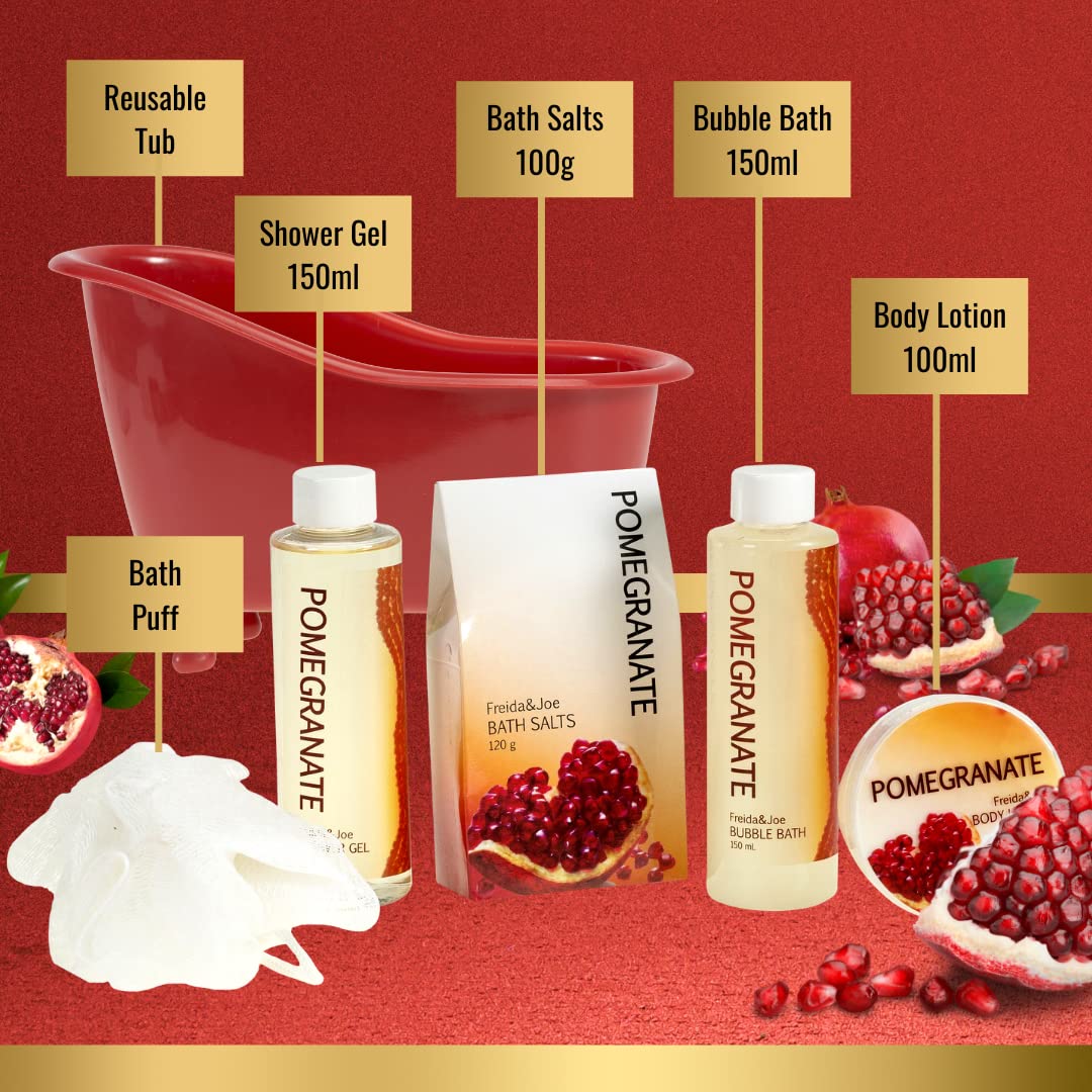 Red Pomegranate Home Spa Bath Basket - Bath & Body Set For Women - Contains Shower Gel, Bubble Bath, Body Lotion, Pomegranate Bath Salt & Pouf in Red
