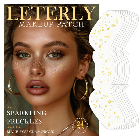 Leterly 24 Pcs Glitter Freckles Face Tattoo,Gold Face Glitter Makeup Patches Cute Sparkle Freckles Patches Waterproof Makeup Speckles for Face