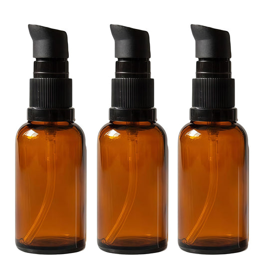 ericotry 3PCS 100ml / 3.34oz Empty Refillable Amber Glass Cosmetic Pump Press Lotion Bottles Makeup Sample Packing Cream Lotion Bath Shower