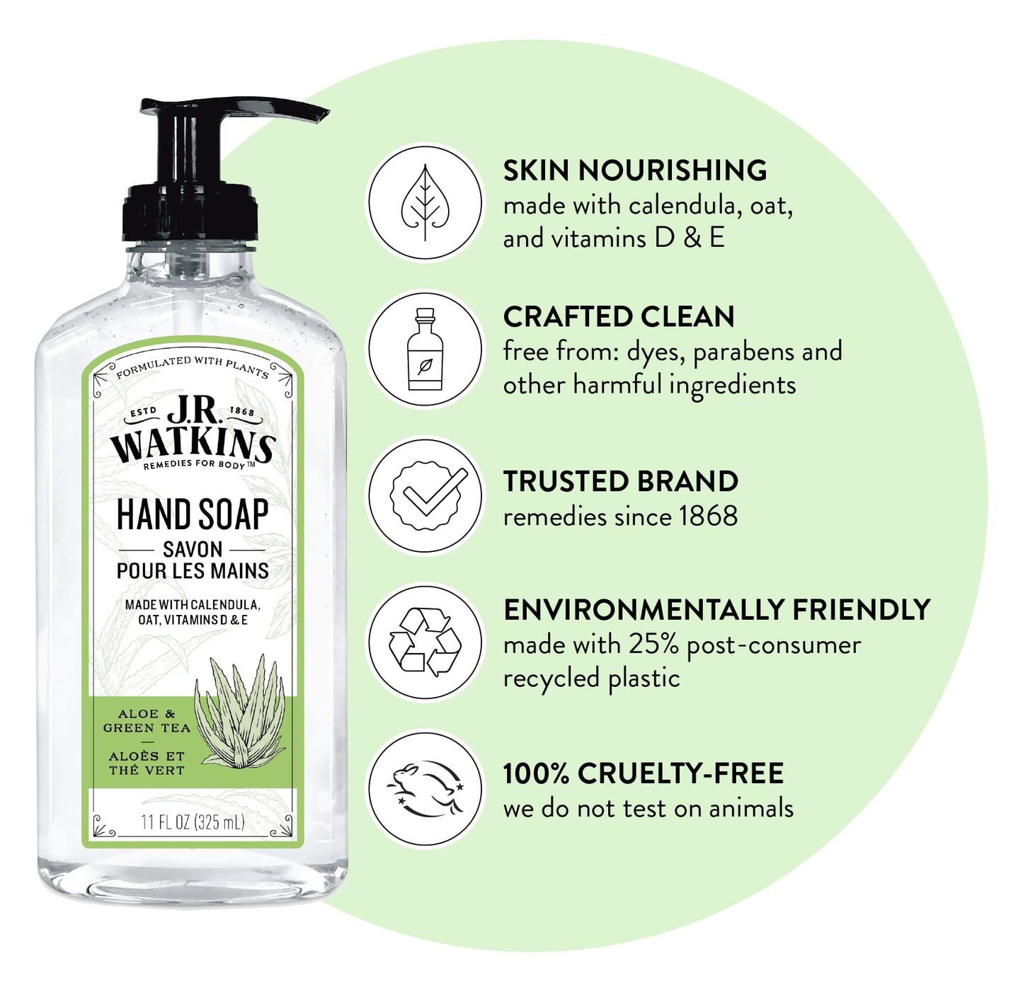 J.R. Watkins Gel Hand Soap, Scented Liquid Hand Wash for Bathroom or Kitchen, USA Made and Cruelty Free, 11 fl oz, Aloe & Green Tea, 6 Pack