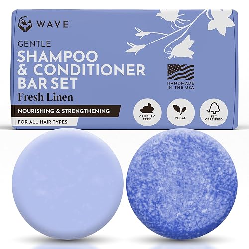 Wave Fresh Linen Shampoo & Conditioner Bar Set - Natural & Organic Moisturizing Vegan Shampoo and Conditioner Bars for Women & Men - Long-Lasting