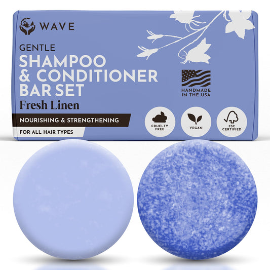 Wave Fresh Linen Shampoo & Conditioner Bar Set - Natural & Organic Moisturizing Vegan Shampoo and Conditioner Bars for Women & Men - Long-Lasting