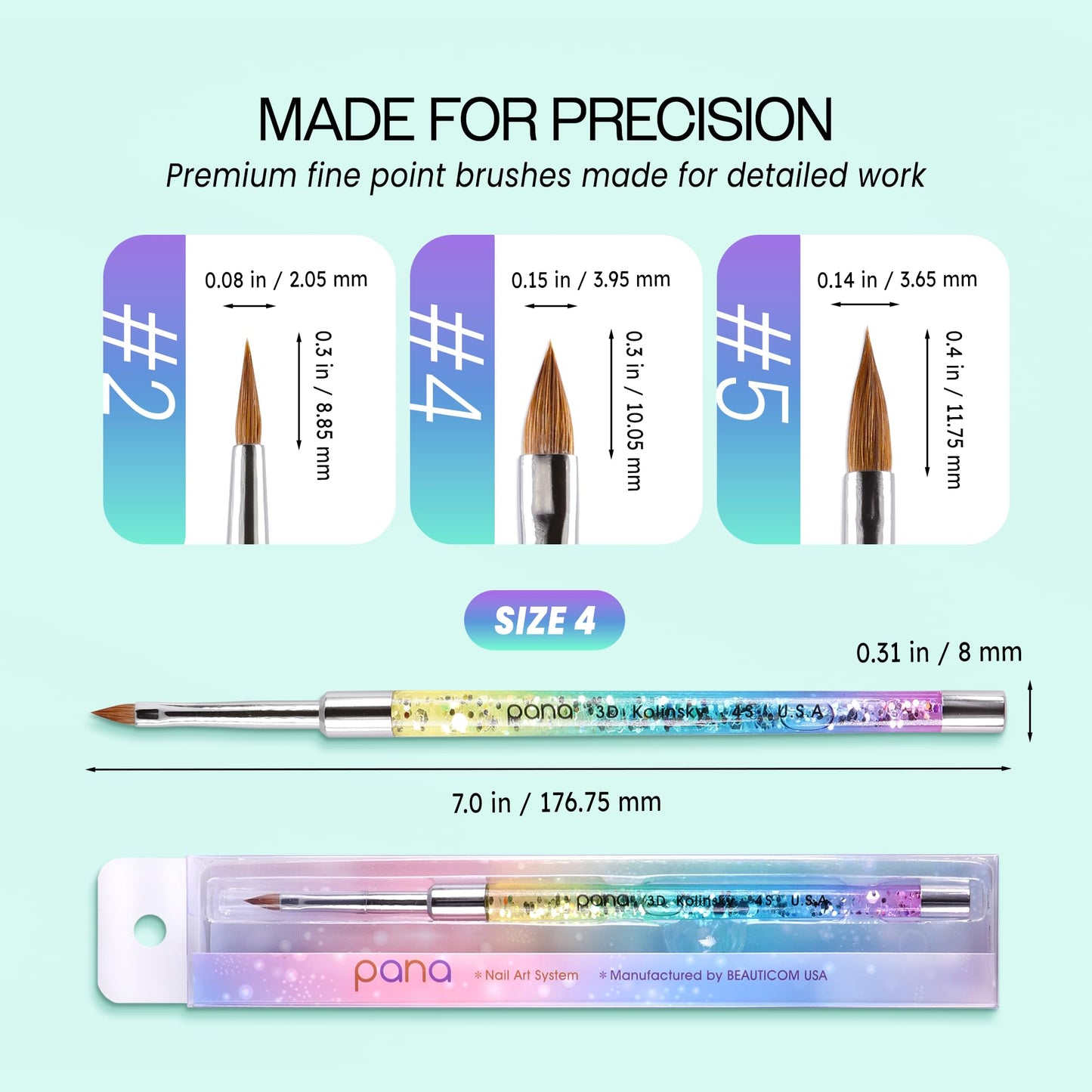 PANA USA Kolinsky 3D Acrylic Nail Brushes with Liquid Glitter Handle Stainless Steel - Rainbow Color, Size 4 - For Professional Acrylic Powder Liquid Beauty & Personal Care PANA