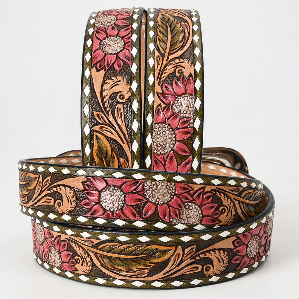 American Darling Large Beautifully Hand Tooled Green Genuine Leather Belt Men and Women Western with Removable Buckle