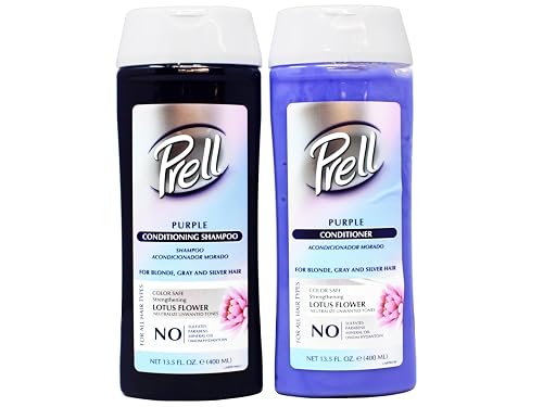Prell Purple Shampoo + Conditioner Set for Blonde, Bleached, Gray & Silver Hair, Neutralizes Yellow Tones, Color-Safe Hydrating Lotus Flower System