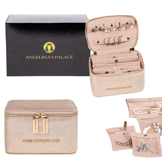 Angelina's Palace Snakeskin Pattern Jewelry Organizer Case Bridesmaid Gifts Travel Bag Vegan Leather Box for Necklace Earring Bracelet Ring(Champagne)