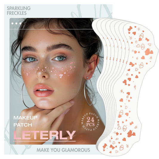 Leterly 24 Pcs Glitter Freckles Face Tattoo,Rose Gold Face Glitter Makeup Patches Cute Sparkle Freckles Patches Waterproof Makeup Speckles for Face