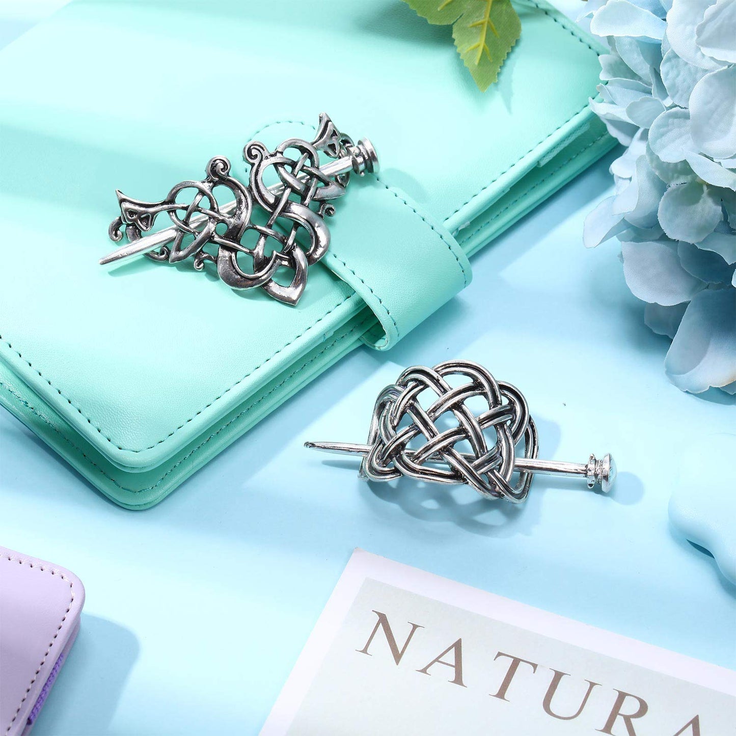 WILLBOND 2 Pieces Viking Celtic Hair Clips Hairpins Viking Silver Hairs Stick Celtic Knot Jewelry Hair Clips for Ladies or Women
