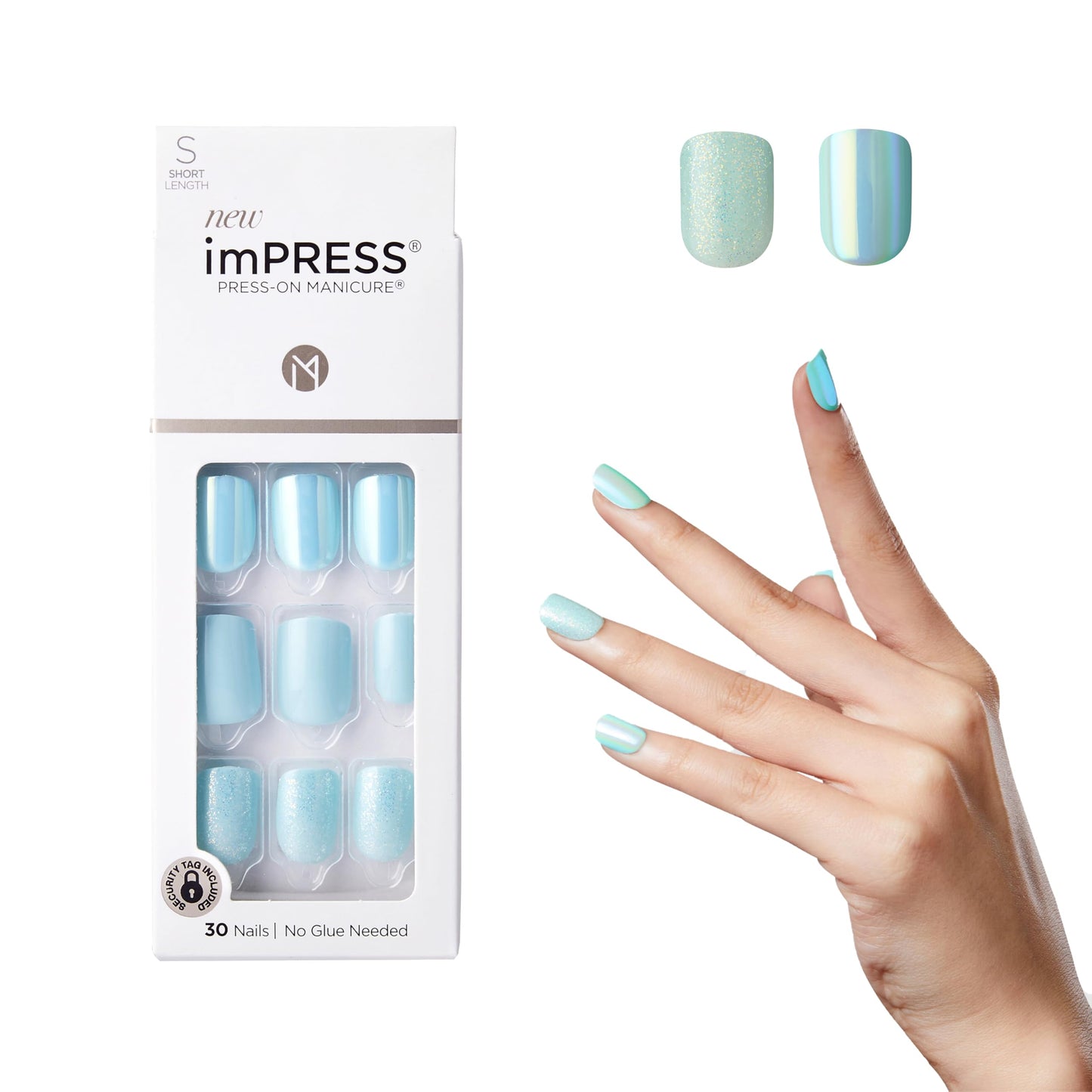 KISS imPRESS No Glue Mani Press On Nails, Design, 'Rain Check', Blue, Short Size, Squoval Shape, Includes 30 Nails, Prep Pad, Instructions Sheet, 1