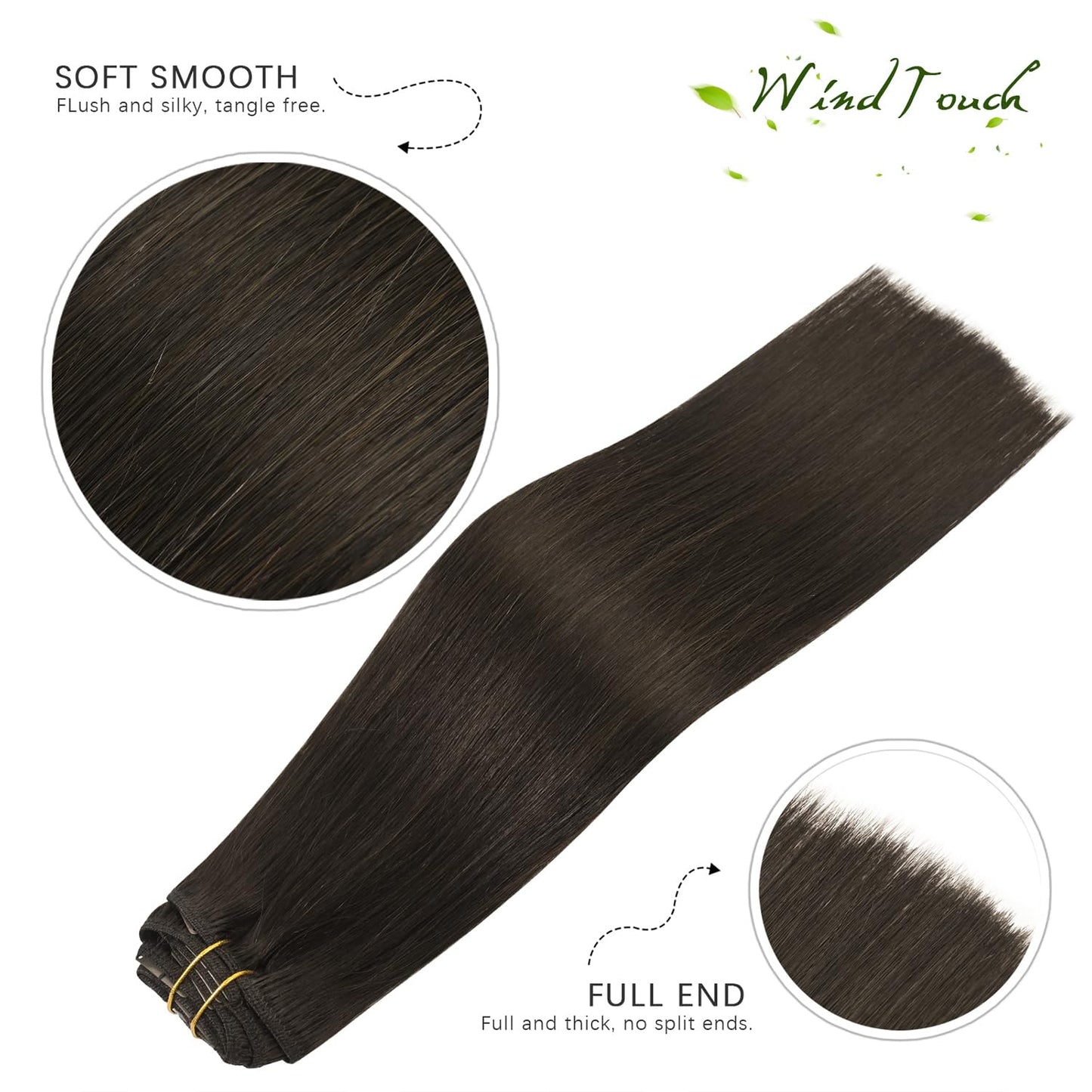 WindTouch Clip in Hair Extensions Real Human Hair Brown Extensions Clip in 12Inch 75g 7PCS #2 Dark Brown Hair Extensions for Women